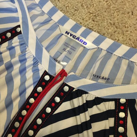 NWT Nygard Missy Indigo & Red Harlequin Striped Tassled Tunic Blouse - Picture 9 of 16